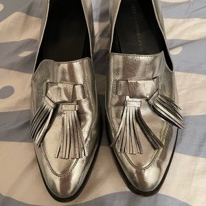 rebecca minkoff edie silver tassel heeled loafers